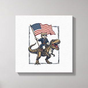 Patriotic Cat Riding Dinosaur Vintage Vector Desig Canvas Print