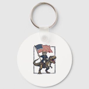 Patriotic Cat Riding Dinosaur Vintage Vector Desig Key Ring