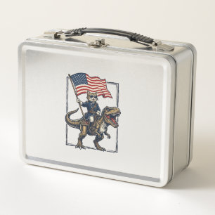 Patriotic Cat Riding Dinosaur Vintage Vector Desig Metal Lunch Box
