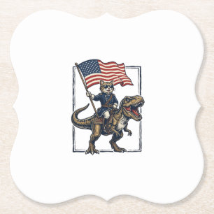 Patriotic Cat Riding Dinosaur Vintage Vector Desig Paper Coaster