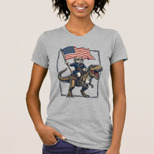 Patriotic Cat Riding Dinosaur Vintage Vector Desig T-Shirt