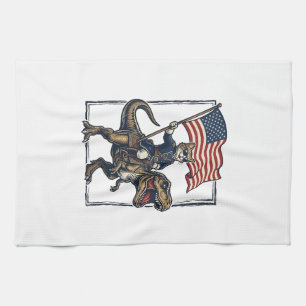 Patriotic Cat Riding Dinosaur Vintage Vector Desig Tea Towel