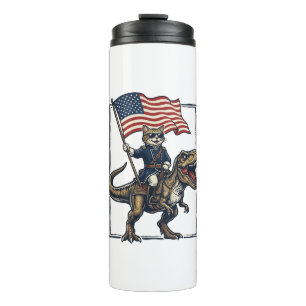Patriotic Cat Riding Dinosaur Vintage Vector Desig Thermal Tumbler