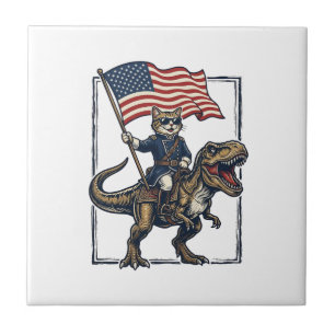 Patriotic Cat Riding Dinosaur Vintage Vector Desig Tile