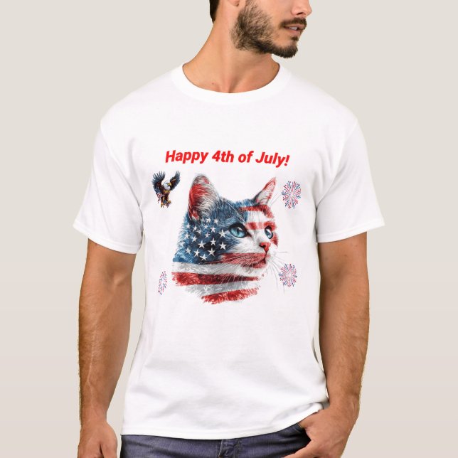 Patriotic Cat T-Shirt, American Flag Kitty Tee, US T-Shirt (Front)