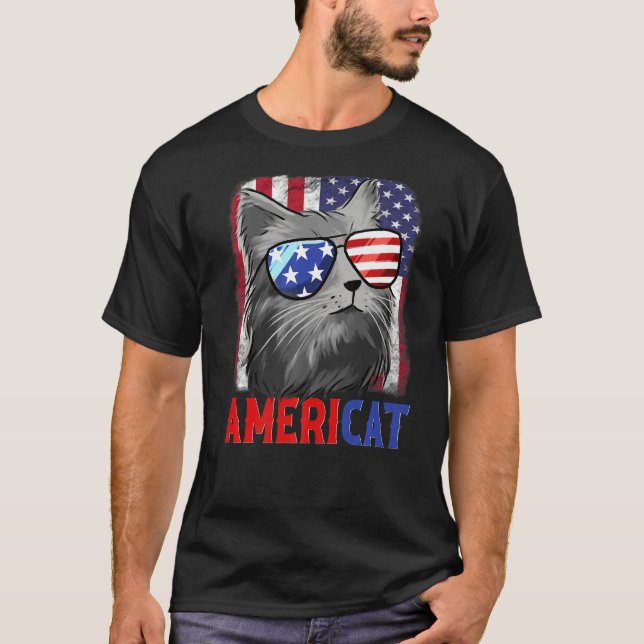 Patriotic Cat Wearing Sunglasses Americat T-Shirt (Front)