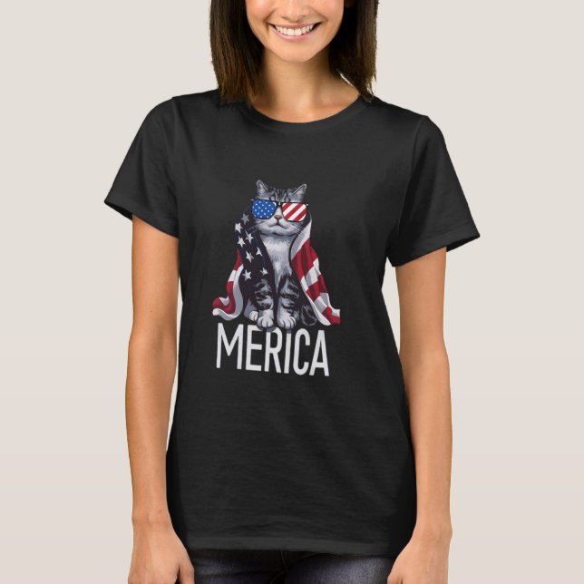 Patriotic Cat with American Flag Sunglasses Merica T-Shirt (Front)