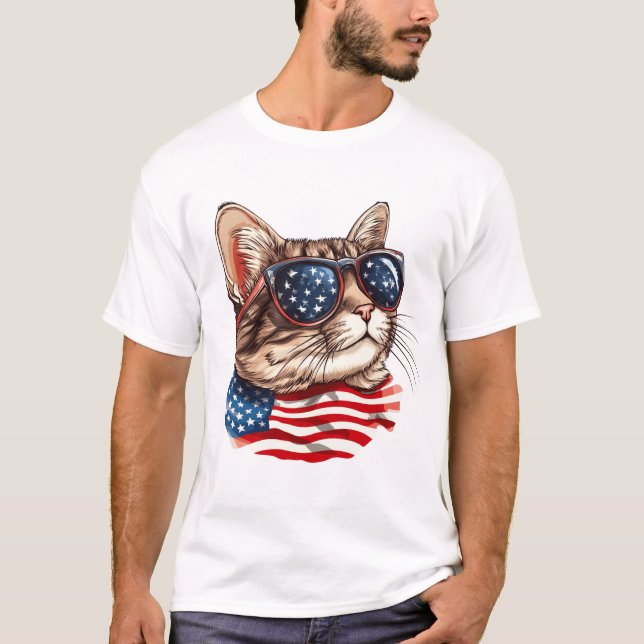 Patriotic Cat with American Flag Sunglasses, USA T-Shirt (Front)
