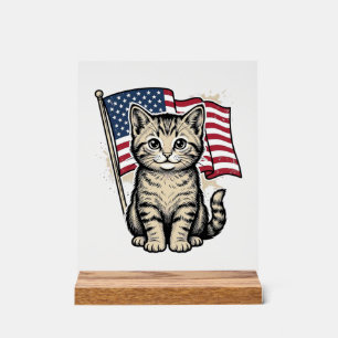 Patriotic Cat with American Flag Vintage Vector De Acrylic Sign