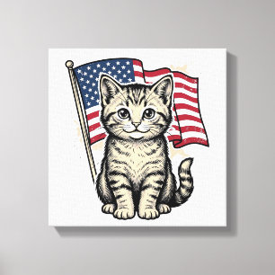 Patriotic Cat with American Flag Vintage Vector De Canvas Print