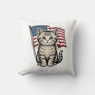 Patriotic Cat with American Flag Vintage Vector De Cushion