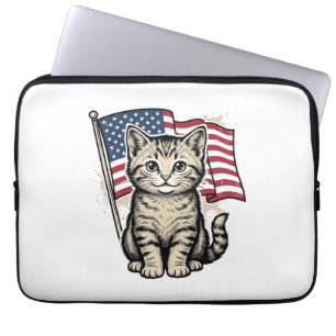 Patriotic Cat with American Flag Vintage Vector De Laptop Sleeve
