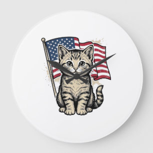Patriotic Cat with American Flag Vintage Vector De Large Clock
