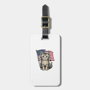 Patriotic Cat with American Flag Vintage Vector De Luggage Tag