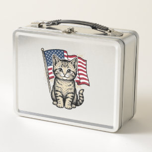 Patriotic Cat with American Flag Vintage Vector De Metal Lunch Box