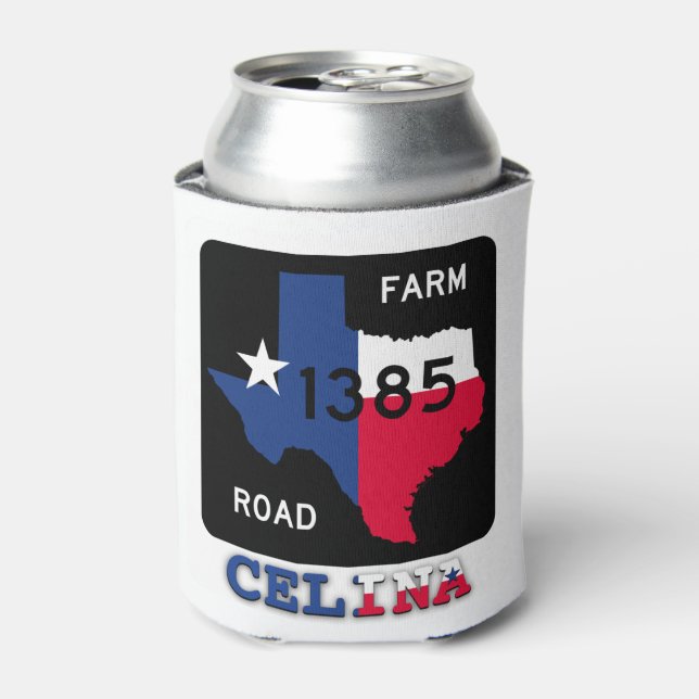 Patriotic Celina, TX & Texas Longhorn Can Cooler (Can Front)