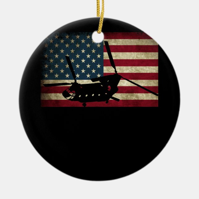 Patriotic CH-47 Chinook Helicopter American Flag Ceramic Tree Decoration (Front)