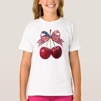 Patriotic Cherries with USA Flag Ribbon Summer T-Shirt