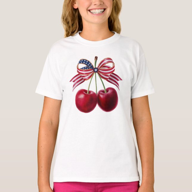 Patriotic Cherries with USA Flag Ribbon Summer  T-Shirt (Front)