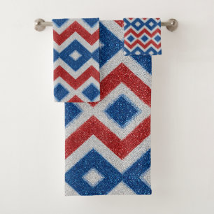 Patriotic Chevron Red White Blue Glitter Stripes Bath Towel Set