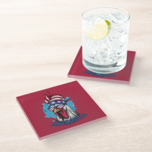 Patriotic Chicken in USA Bandanna and Shades Glass Coaster
