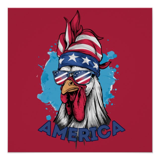 Patriotic Chicken in USA Bandanna and Shades Poster (Front)