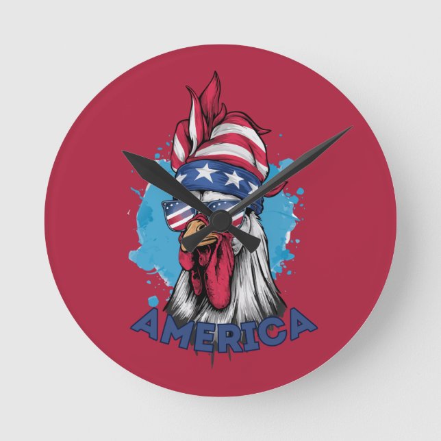 Patriotic Chicken in USA Bandanna and Shades Round Clock (Front)