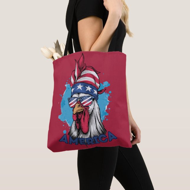 Patriotic Chicken in USA Bandanna and Shades Tote Bag (Close Up)