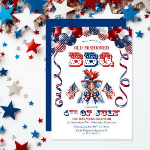 Patriotic Chicken Sunglasses 4th of July BBQ Party Invitation
