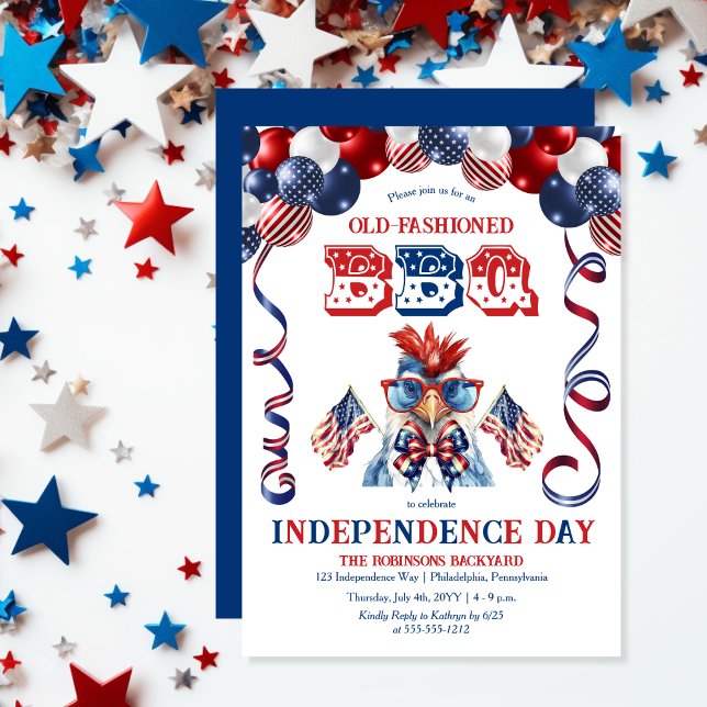 Patriotic Chicken Sunglasses Independence Day BBQ Invitation (Balloon Arch Cute Cool Chicken Sporting Sunglasses Independence Day BBQ July 4 Invitation)
