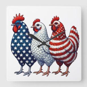 Patriotic Chickens  Square Wall Clock