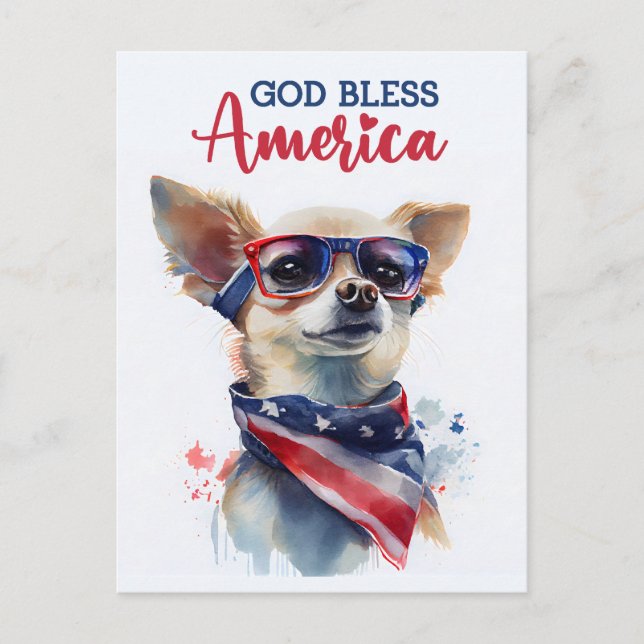 Patriotic Chihuahua, God Bless America Postcard (Front)