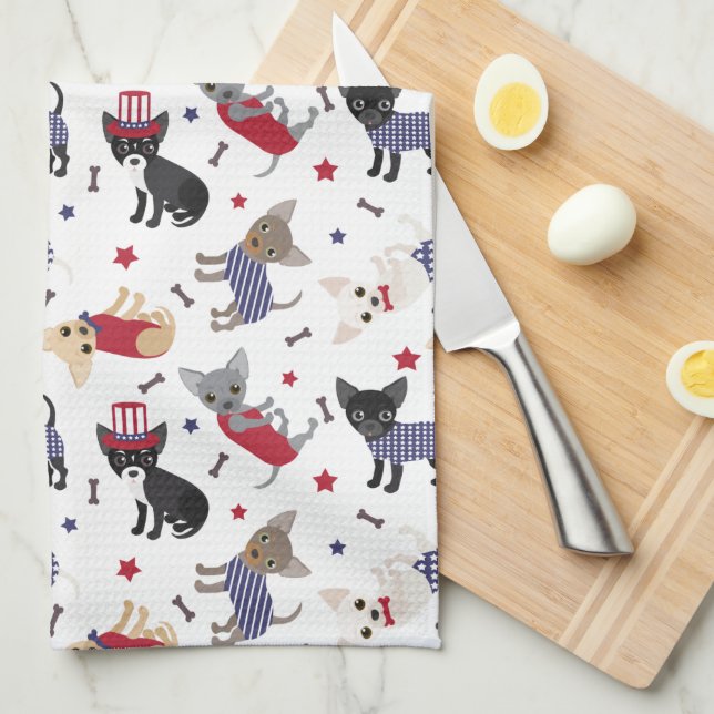 Patriotic Chihuahua Pattern Tea Towel (Quarter Fold)