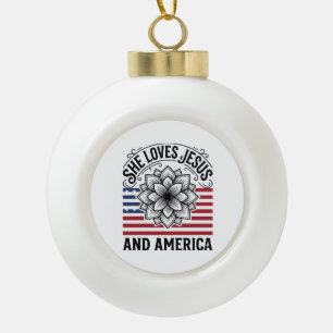 Patriotic Christian Flower Vintage T-Shirt Ceramic Ball Christmas Ornament