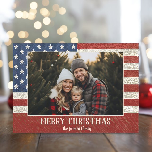 Patriotic Christmas 1 photo American Flag Holiday Card (Christmas Photo Card with a USA Military Patriotic Theme)