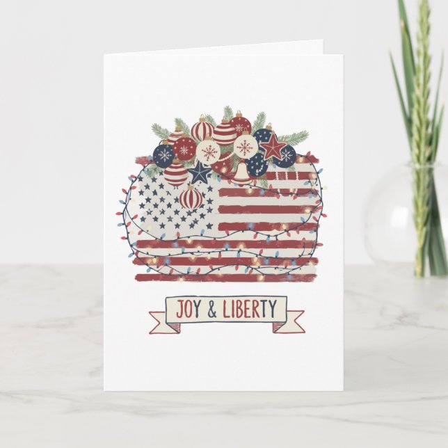Patriotic Christmas American Flag "Joy & Liberty"  Card (Front)