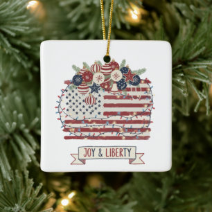 Patriotic Christmas American Flag "Joy & Liberty" Ceramic Ornament