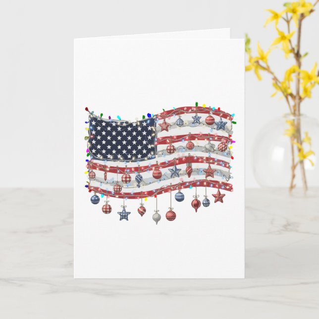 Patriotic Christmas American Flag with Lights  Card (Yellow Flower)