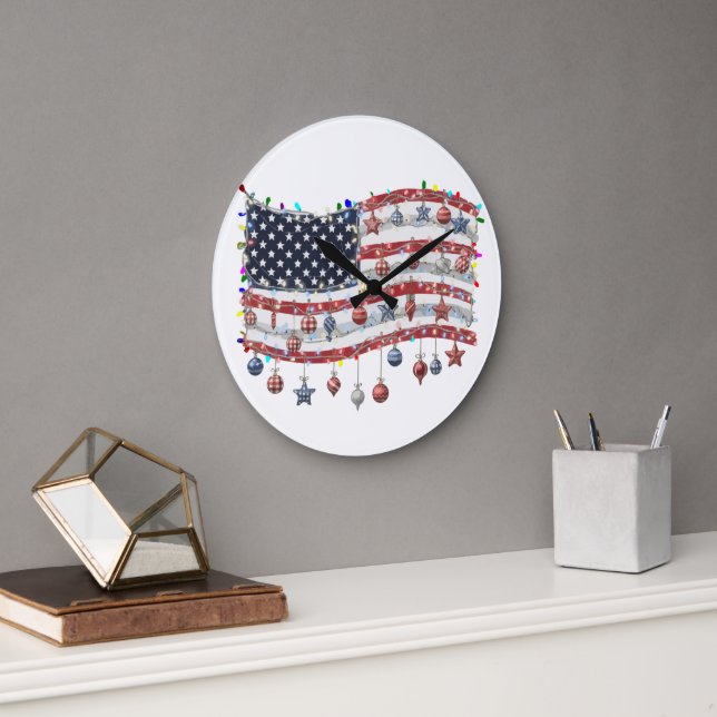 Patriotic Christmas American Flag with Lights  Large Clock (Office)