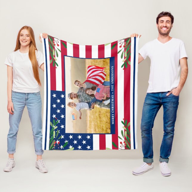 Patriotic Christmas Custom Photo American Flag Fleece Blanket (In Situ)