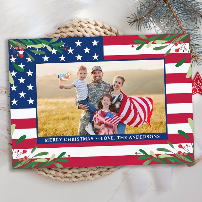 Patriotic Christmas Custom Photo American Flag  Holiday Card (Creator Uploaded)