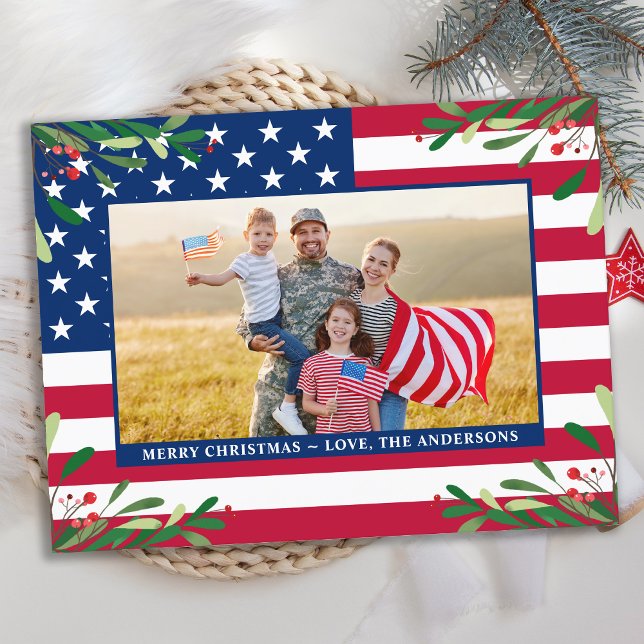 Patriotic Christmas Custom Photo American Flag  Holiday Postcard (Creator Uploaded)