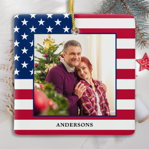 Patriotic Christmas Custom Photo USA American Flag Ceramic Ornament