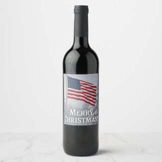Patriotic Christmas Flag in Winter Wonderland Wine Label