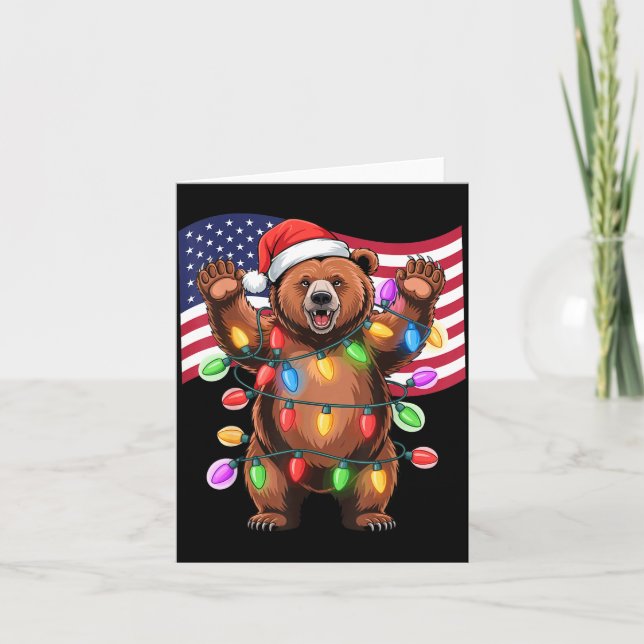 Patriotic Christmas Grizzly Bear Holiday Light San Card (Front)