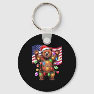 Patriotic Christmas Grizzly Bear Holiday Light San Key Ring