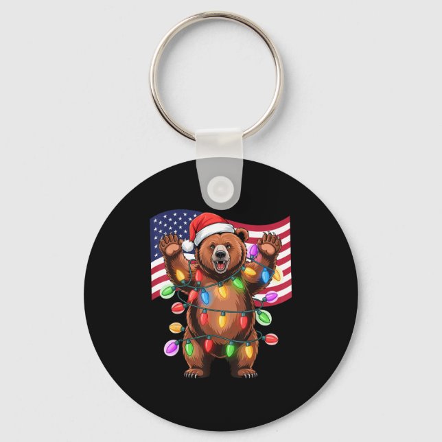 Patriotic Christmas Grizzly Bear Holiday Light San Key Ring (Front)