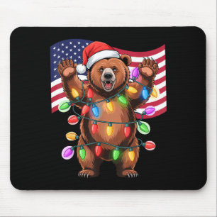 Patriotic Christmas Grizzly Bear Holiday Light San Mouse Mat