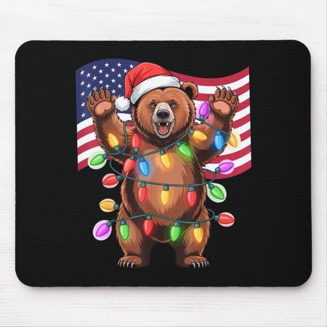 Patriotic Christmas Grizzly Bear Holiday Light San Mouse Mat (Front)