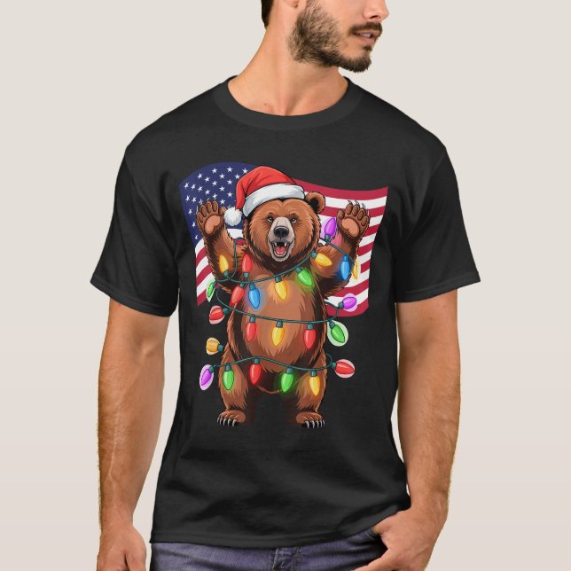Patriotic Christmas Grizzly Bear Holiday Light San T-Shirt (Front)